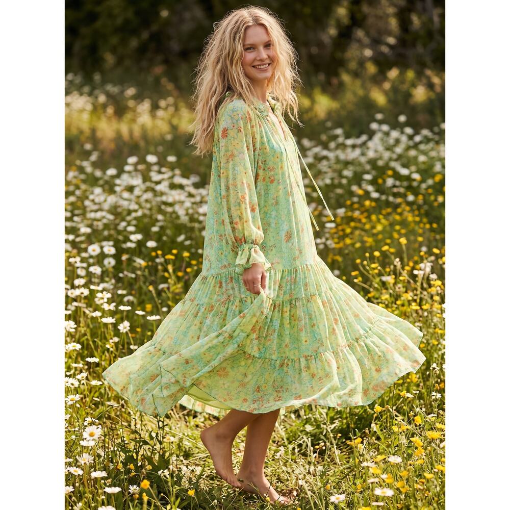 Free People Feeling Groovy Maxi Dress Size XS 70s Chartreuse Floral Bohemian
